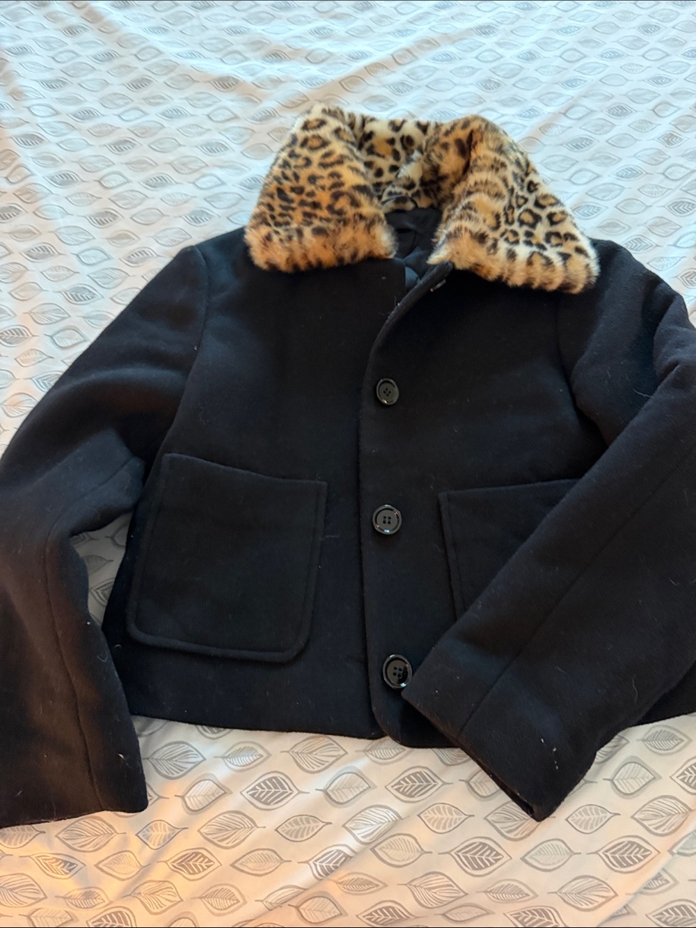 & Other Stories Black Pea Coat with Leopard Faux-Fur Collar